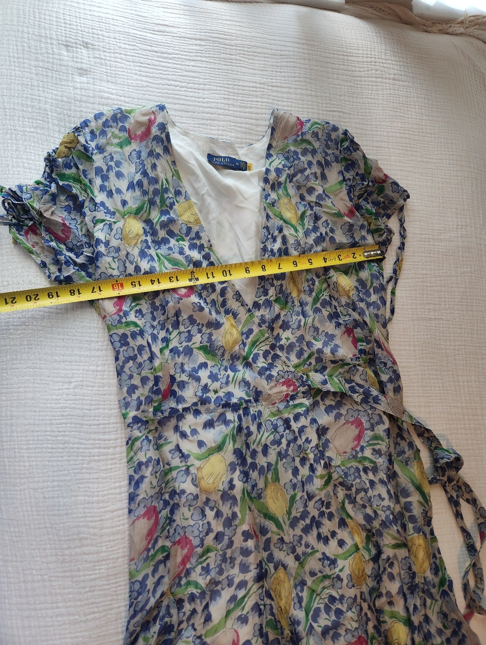 Polo by Ralph Lauren Blue Floral Wrap Mini Dress with Pastel Tulips - Picture 9 of 12